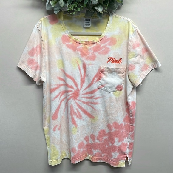 PINK Victoria's Secret Short Sleeve Pocket Campus Tee Tie Dye L - Picture 1 of 12